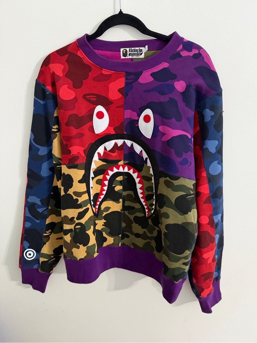 BAPE A Bathing Ape MIXCAMO Shark Crazywide Sweatshirt Size M Made in Japan